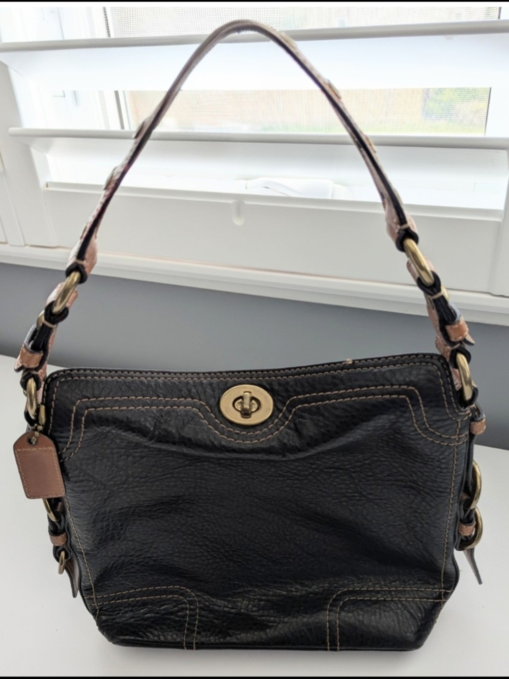 Coach Black Pebbled Leather Shoulder Bag with Brown Accents